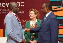 • Senegalese President, Macky Sall (right) in a chat with Gilbert Noel Ouedraogo, President of African Liberal Network and Nicola Beer, Member of the European Parliament (Germany)