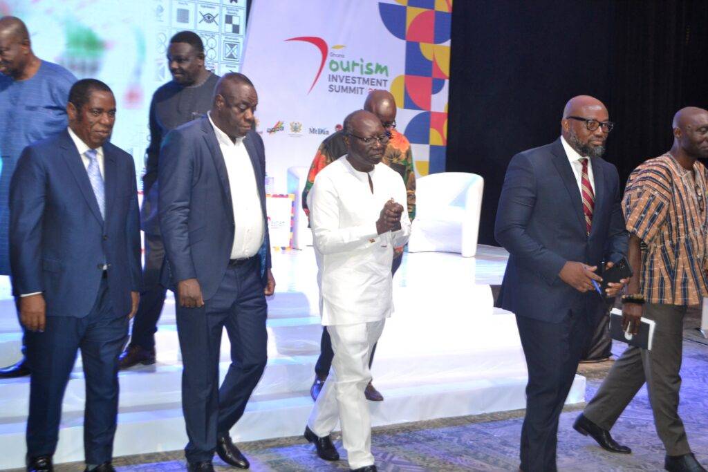 Mr Ofori-Atta (middle) with Mr Gumede (left), Dr Awal (second from left) and Dr Daniel McKorley after the opening session of the summit     Photo Victor A. Buxton