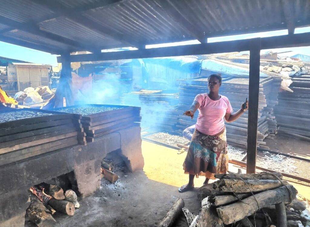 Another fish monger in the hut where she smokes fish seven hours each day