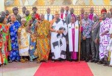 • King Tarkie Teiko Tsuru II (middle), Rev. Edusa-Eyison (sixth from right). and Mr Asamoah Boateng (fifth from right) with other ministers and the executive members