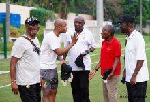 Andre Ayew interacts with the Ghanaian legends (from left) Willie Klutse, Kuuku Dadzie, Rev Osei Kofi and Rev Kofi Pare