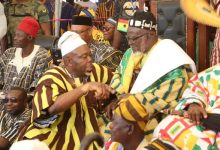 • Mr Asamoah Boateng (left) thanking Naba Asigri Abugrago Azoka II at the durbar grounds