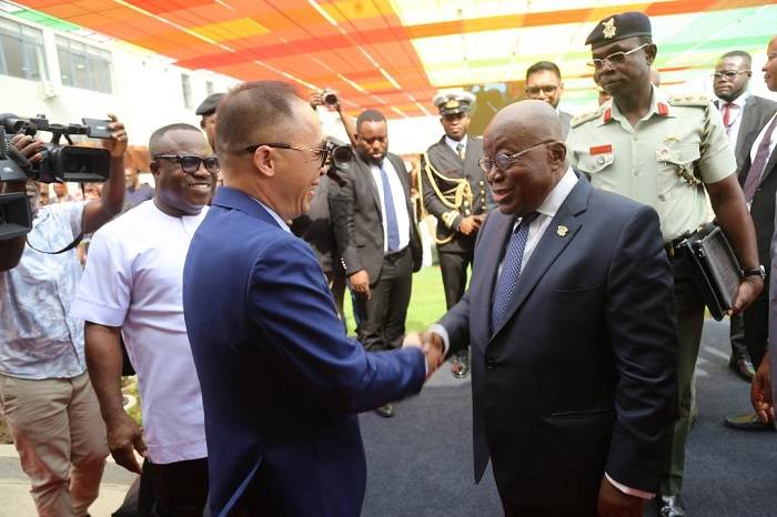 President Akufo-Addo being welcomed by Xu Ning Quan (left), Executive Chairman, Sentuo Group to the inauguration of the Sentuo Oil Refinery