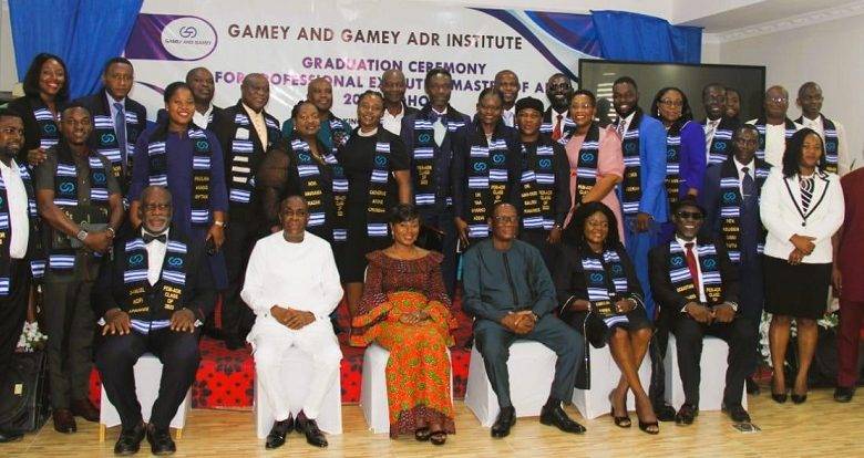 Justice Jennifer Abena Dadzie (third left), Mr Gamey (second left), and Dr Seddoh (third right) with the graduating students