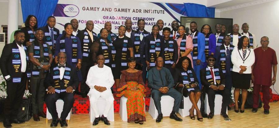 Justice Jennifer Abena Dadzie (third left), Mr Gamey (second left), and Dr Seddoh (third right) with the graduating students