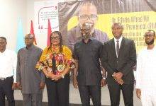• Dr Edwin Provencal (third from right), Prof. Rosina Kyerematen (third from left), Mr Selasi Koffi Ackom( left) and other dignitaries after the outdooring ceremony Photo: Ebo Gorman
