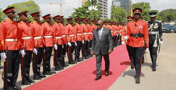 • President Akufo-Addo (middle) inspecting the guard of honour at Parliament yesterday Photo: Ebo Gorman