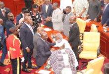 • President Akufo-Addo and Dr Bawumia exchanging greetings with the NDC leadership after the SONA Photo: Ebo Gorman