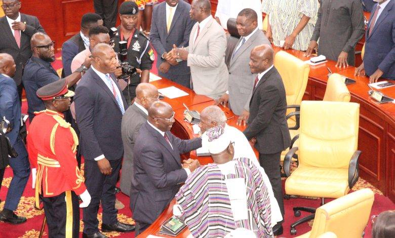 • President Akufo-Addo and Dr Bawumia exchanging greetings with the NDC leadership after the SONA Photo: Ebo Gorman