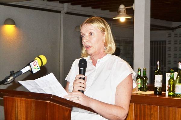 • Ms Vibeke S. Pedersen, Head of Mission (inset) addressing participants in the event Photo: Victor A. Buxton
