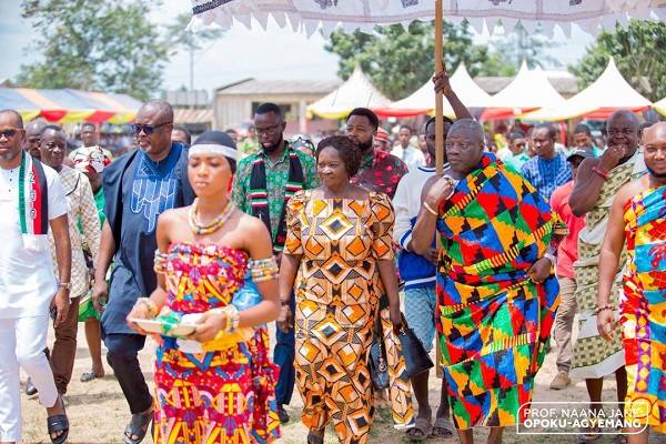 • Prof. Naana Jane Opoku-Agyemang arriving at the durbar grounds with Daasebre Kwebu Ewusi VII