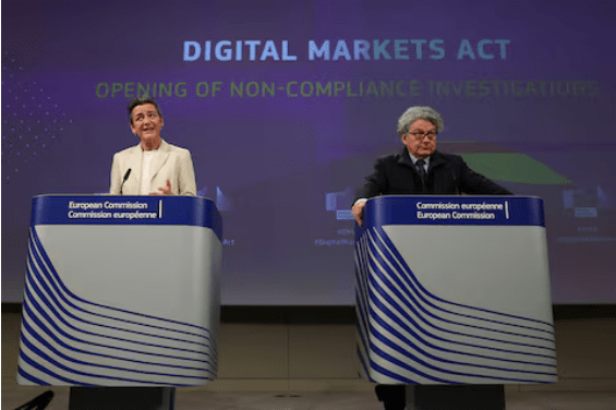 EU antitrust chief Margrethe Vestager and European Commissioner for Internal Market Thierry Breton hold a press conference in Brussels, Belgium March 25, 2024. REUTERS/Yves Herman Purchase Licensing Rights