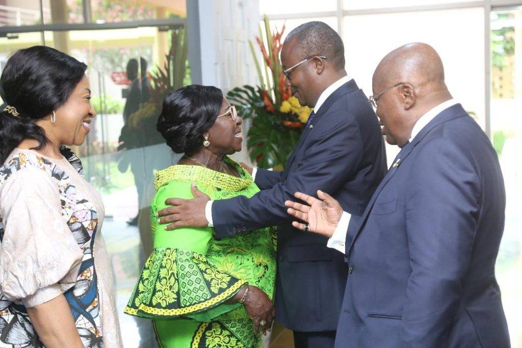 • President Akufo-Addo (right) introducing President
Umaro Sissoco Embalo (second from right) to Akosua
Frema Osei Opare (second from left) at the Jubilee
House. With them is Shirley Ayorkor Botchway