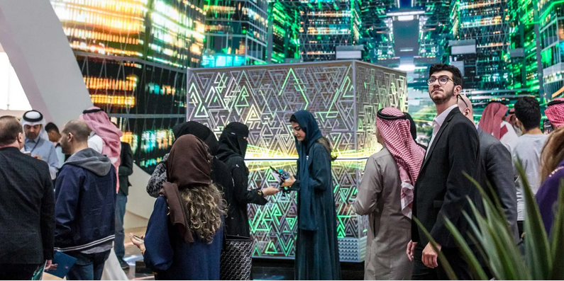 More than 200,000 people converged on the Leap tech conference in the desert outside Riyadh in March.Credit...Iman Al-Dabbagh for The New York Times