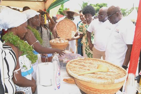 Mr Agyapa Mercer (second from right) and Mr Agyeman (right) inspecting some of the local foods displayed after the launch Photo Victor A. Buxton