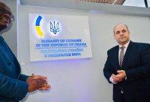 Mr Kwaku Ampratwum-Sarpong (left) and Mr Maksym Subkh (right),Representative of Ukraine for the Middle East and Africa unveiling the plaque to inaugurate the new embassy building.