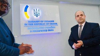 Mr Kwaku Ampratwum-Sarpong (left) and Mr Maksym Subkh (right),Representative of Ukraine for the Middle East and Africa unveiling the plaque to inaugurate the new embassy building.