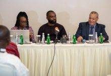 AU Council ECOSOCC Presiding Officer Mr Khalid Boudali (right) and Nana Osei Kyeretwie - Head of Programmes of ECOSOCC Secretariat taking questions from journalists in relation to the ECOSOCC@20 Plan of Action
