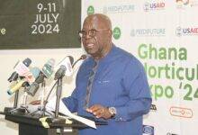 Mr Sam Jonah (inset) addressing participants in the launch of the horticulture expo 2024. Photo. Ebo Gorman