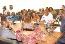 • Dr Mohammed Amin Adam (head of table) addressing the press conference Photo: Ebo Gorman