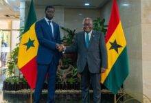 President Akufo-Addo (right) in a handshake with Basirrou Diomaye Faye, President of Senegal after a joint press conference at the Jubilee House